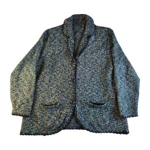 ALLISON DALEY Cardigan Sweater Womens Medium Blue Green Tweed Pattern Poly Blend